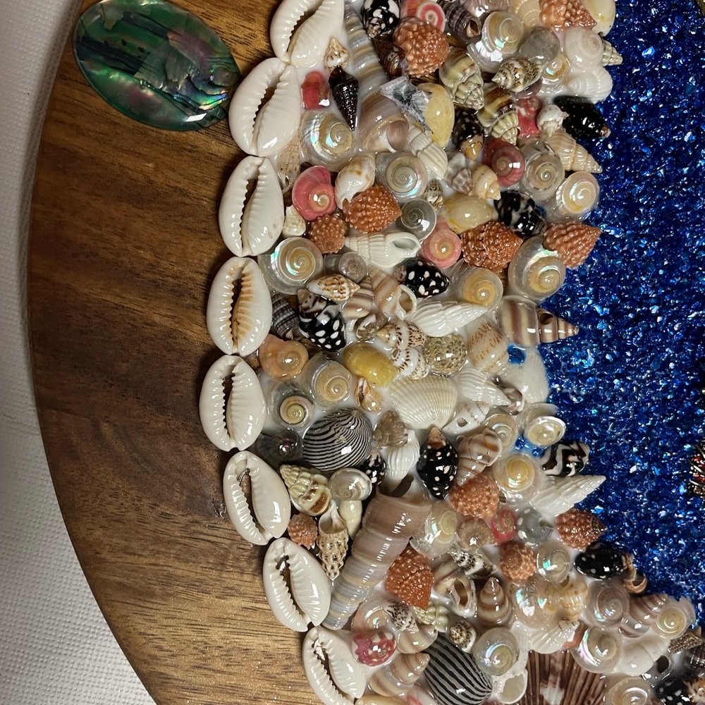 Ocean-Themed Wall Art with Seashells Sea Animal and Blue Crushed Glass - Picture 3 of 6